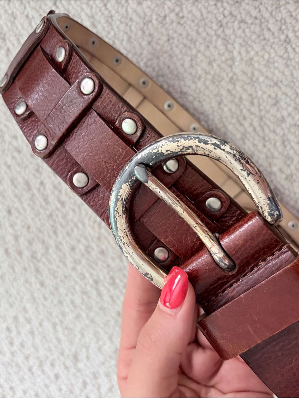Vintage Y2K Burgundy Studded Ladder Statement Belt Medium